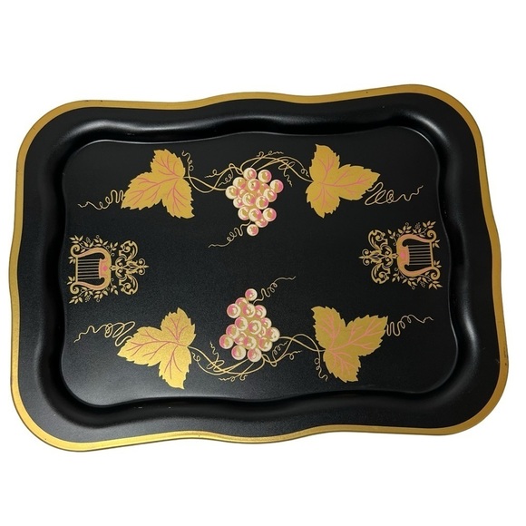 Vintage Large Black Floral Tole Metal Hand Painted Toleware Tray Gold Scrolls - Picture 1 of 6
